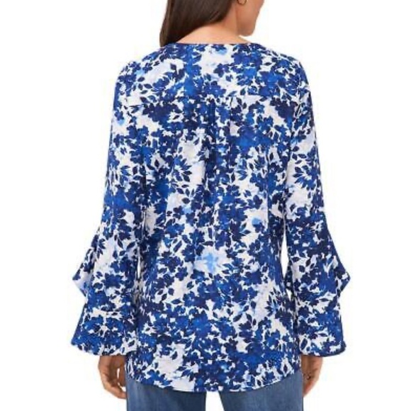 Vince Camuto Flutter Sleeve V-Neck Layered Navy White Leaves Womens Oversized XS - Picture 16 of 16